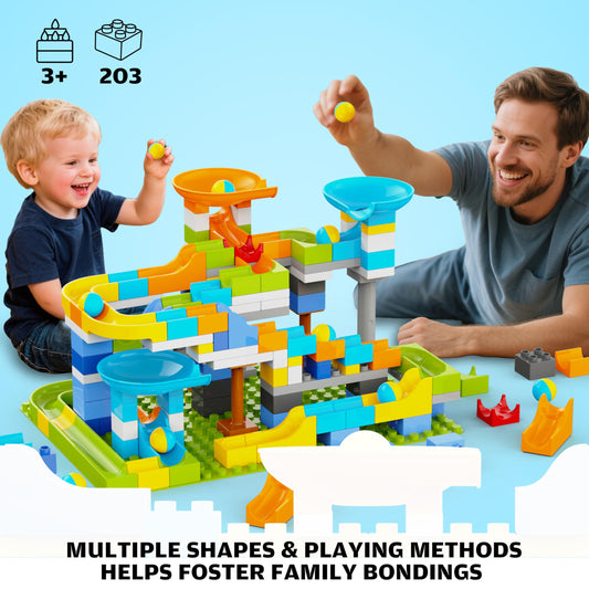 YY LANDTOYS 3in1 track configurations invite varied marble routes and problem-solving.