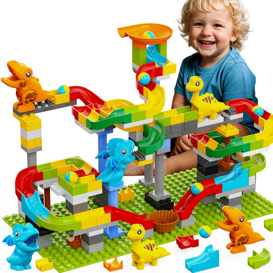 YY Landtoys dinosaur marble run assembly showcases expandable STEM play for kids.