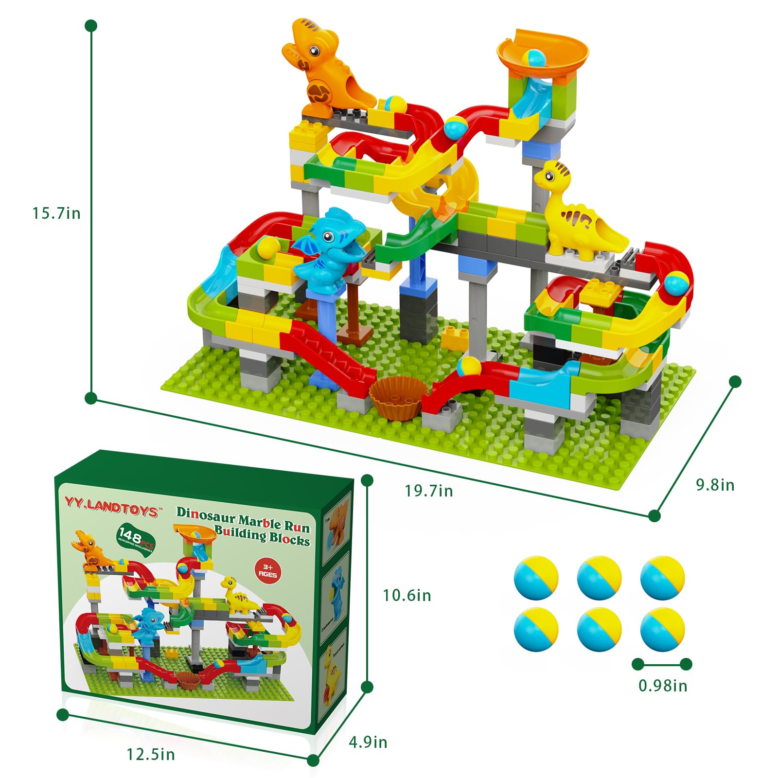YY Landtoys T-Rex figure adds thrilling dinosaur accents during marble runs.