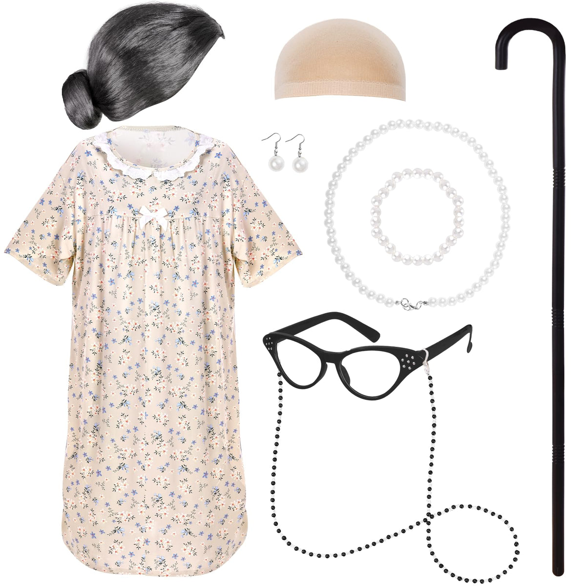 Yymobt old lady costume dress with floral dot pattern for school 100th-day celebration.
