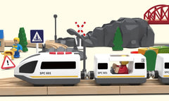 Z MAYABBO battery-operated train moves smoothly on wooden rails.