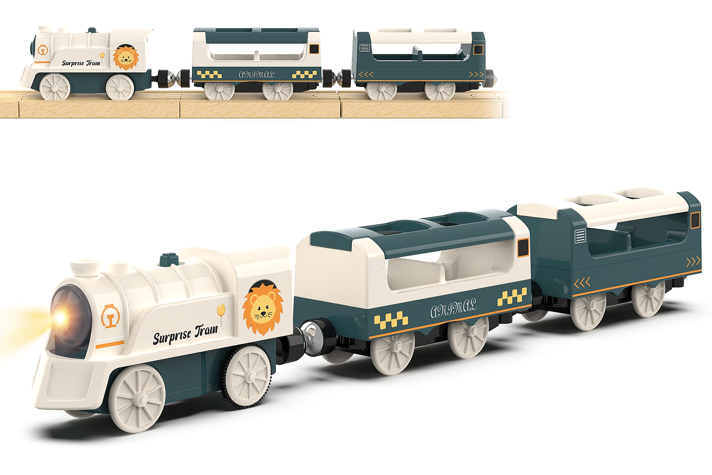 Z MAYABBO battery-powered locomotive on wooden tracks with gentle lights for immersive play.