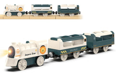 Z MAYABBO battery-powered locomotive on wooden tracks with gentle lights for immersive play.