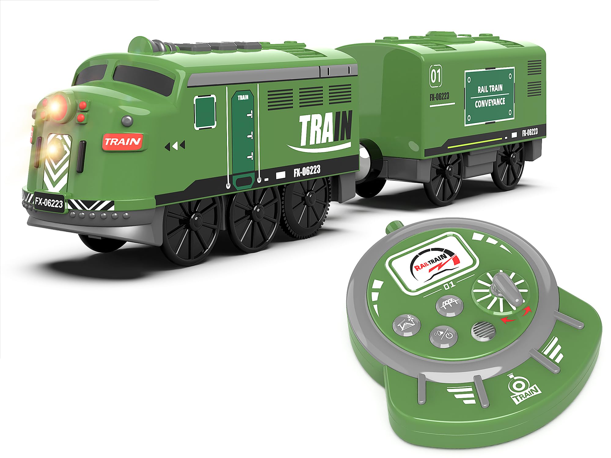 Z MAYABBO train toy locomotive with front light for immersive play on wooden tracks.