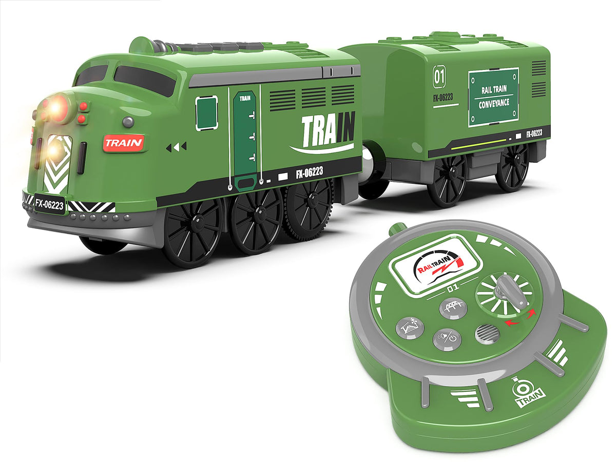 Z MAYABBO train toy locomotive with front light for immersive play on wooden tracks.