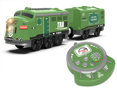 Z MAYABBO train toy locomotive with front light for immersive play on wooden tracks.