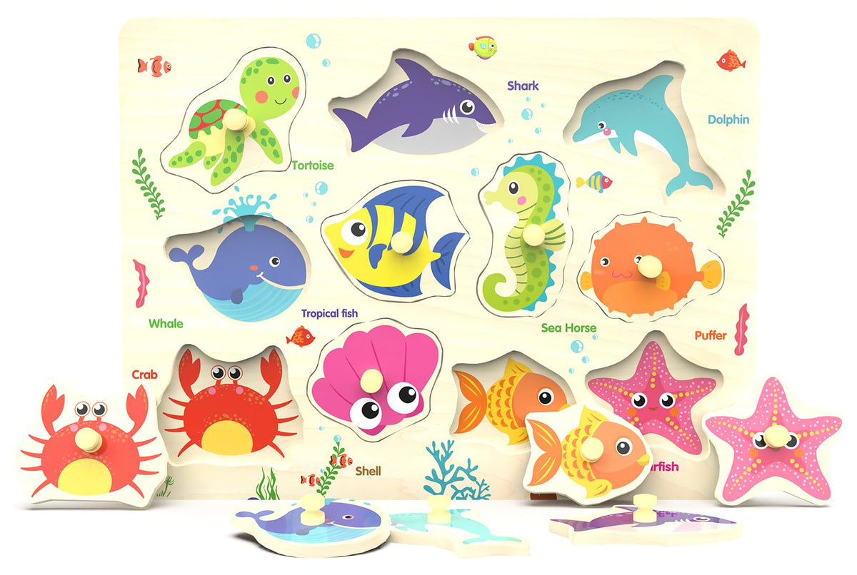 Z Mayabbo wooden peg puzzle with sea creatures, an 11-piece set for tactile learning