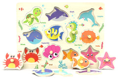Z Mayabbo wooden peg puzzle with sea creatures, an 11-piece set for tactile learning