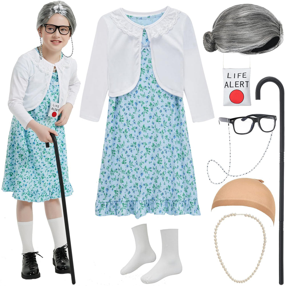 Z-Shop Old Lady costume dress with wig for kids, ideal for 100th day celebrations.