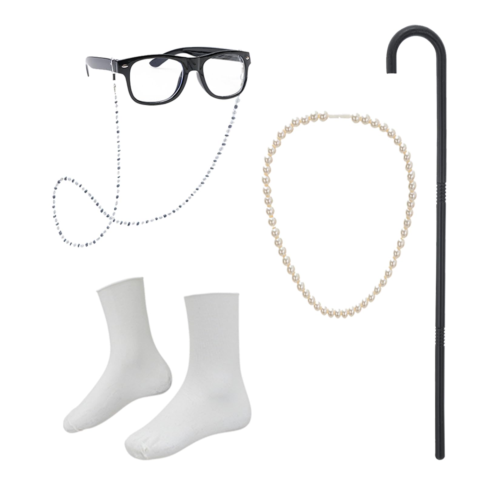 Z-Shop plastic cane with wig cap completes the vintage grandma ensemble.