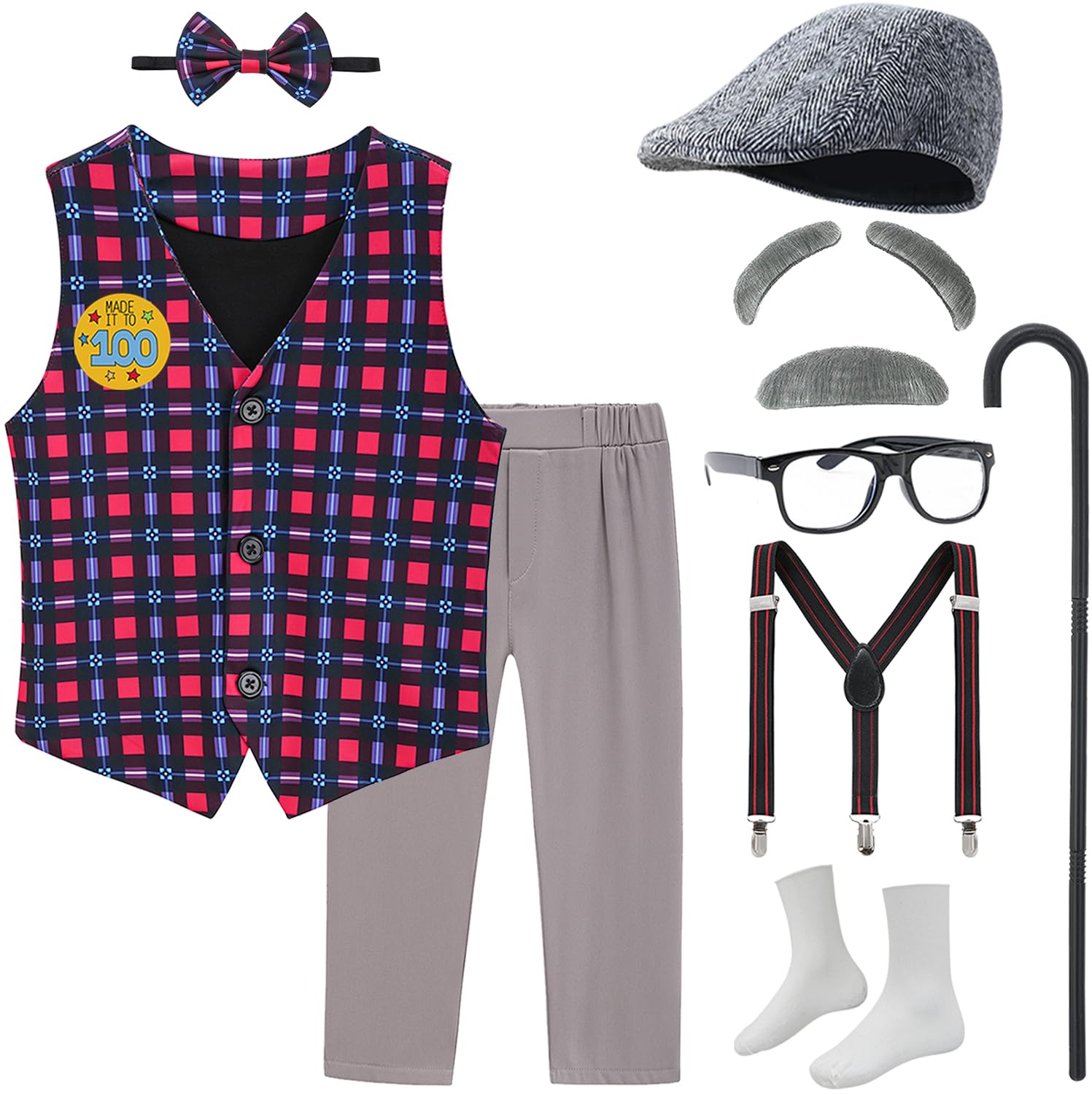 Z-Shop old man costume vest for kids, comfortable fit for 100th day celebrations.