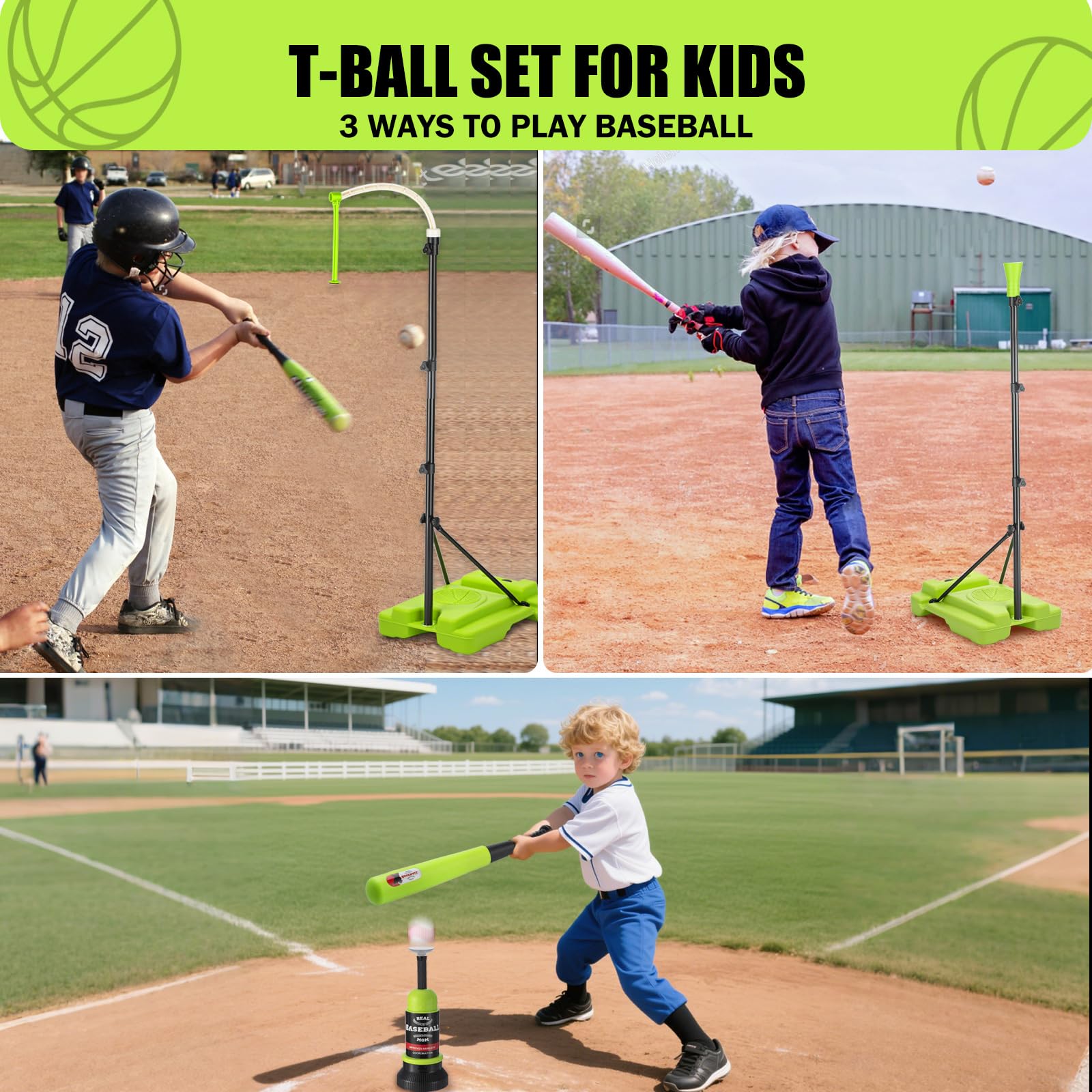ZACEAC tee baseball stand ready for steady practice with four baseballs.
