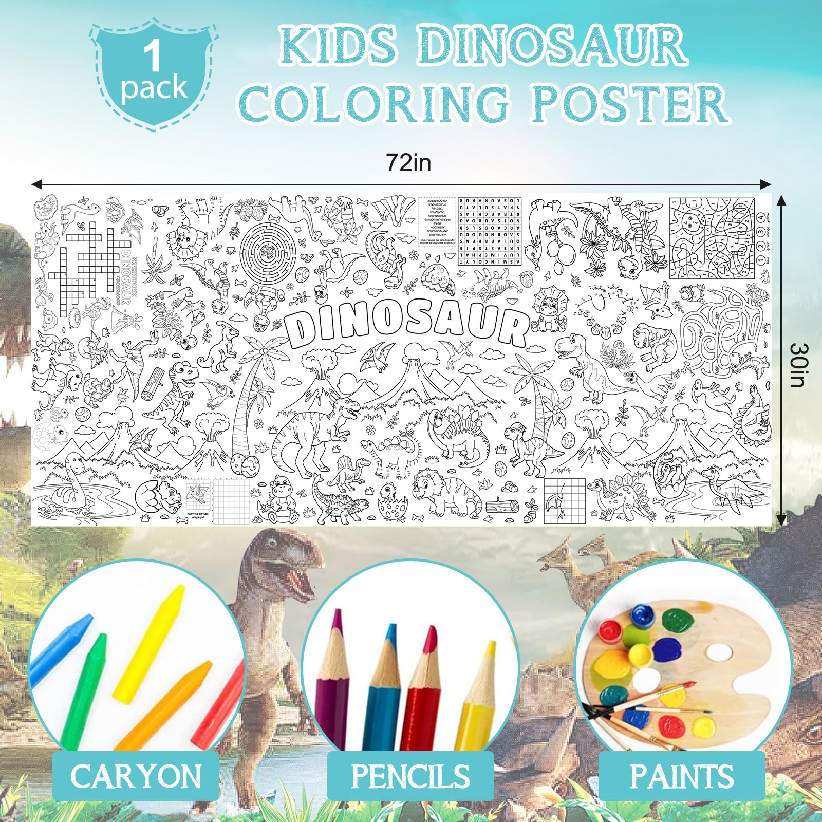 Zachely dinosaur tablecloth poster doubles as a playful backdrop.