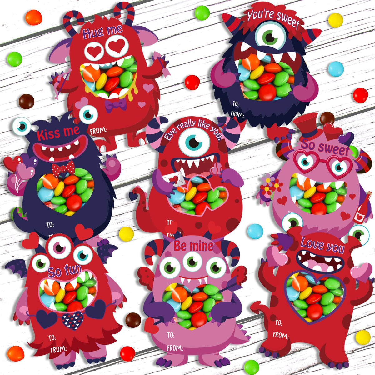 Zachely monster Valentine cards collection in eight designs for classroom exchanges.