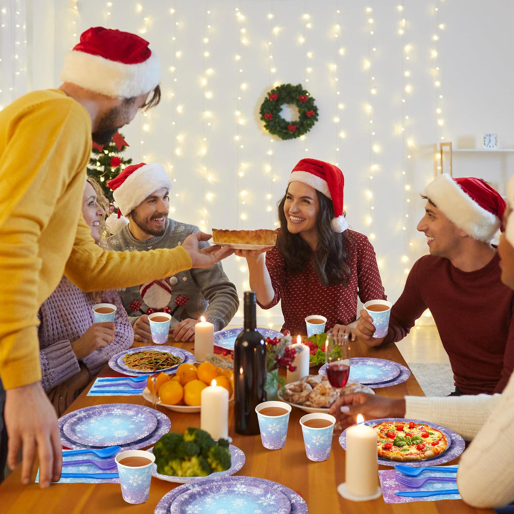 Zachely winter snowflake table setting complete with coordinated disposable ware