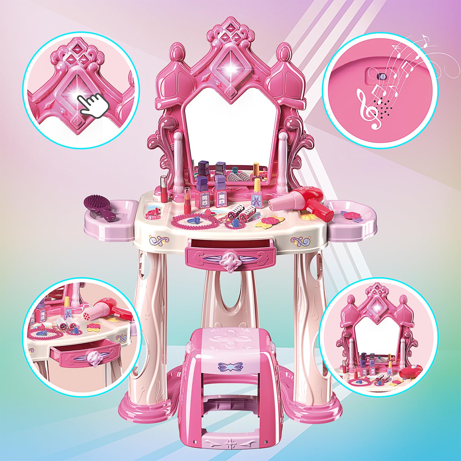 Zaddgiuuy kids vanity with lights and music sparks pretend hairstyling.