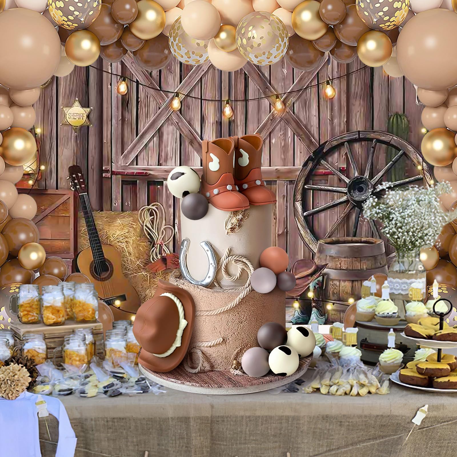Zafena brown cowboy theme cake display completes rustic dessert setups.