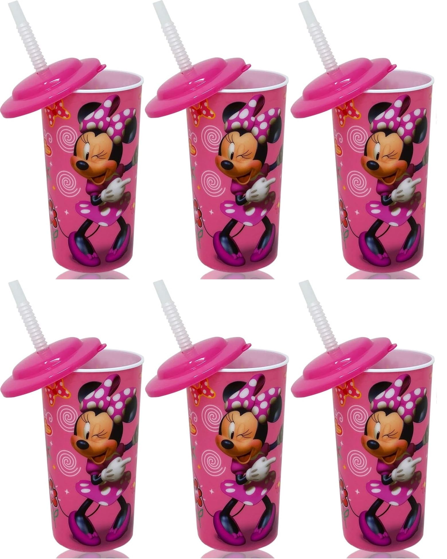 Zak Minnie Mouse 16oz pink tumbler with lid and straw, ideal for kids' lunches.
