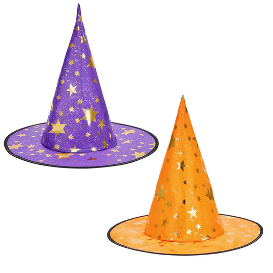 Zando Witch Hat front view shows purple orange star motif for festive Halloween looks
