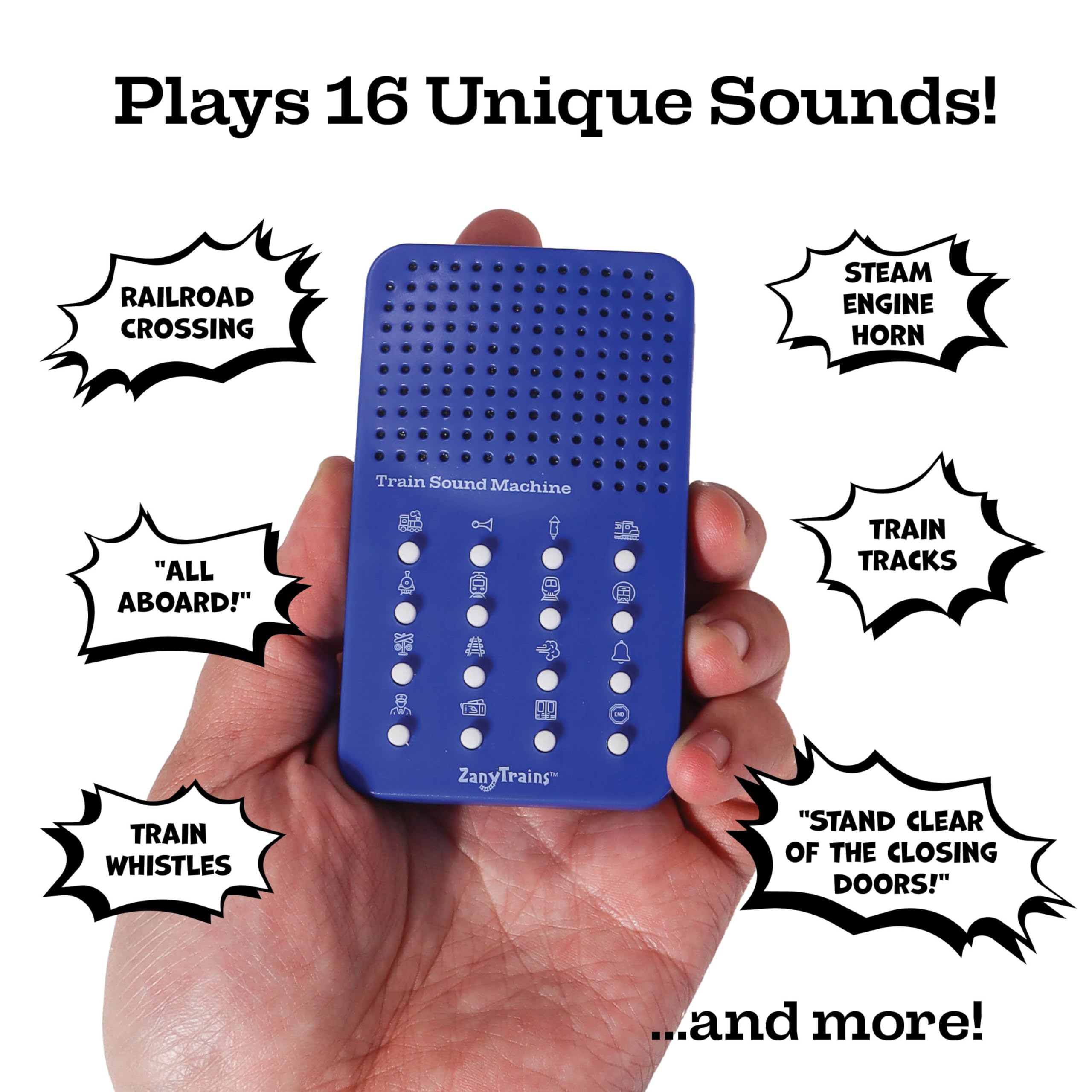 ZANY TRAINS 16 train sounds list featuring whistles, horns, and engine noises for kids.