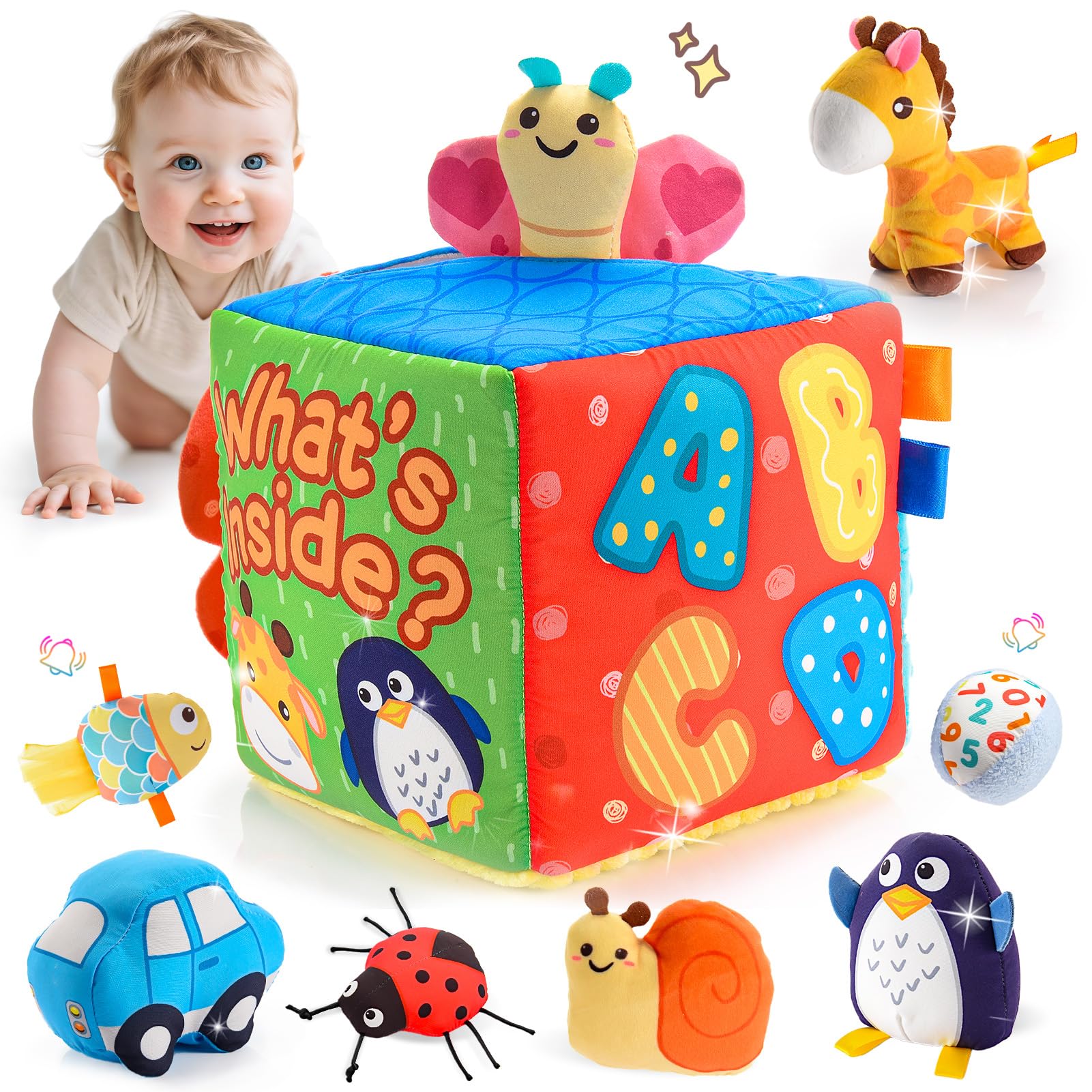 ZapWhiz sensory box with eight plush toys for engaging auditory and tactile exploration.