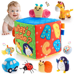 ZapWhiz sensory box with eight plush toys for engaging auditory and tactile exploration.