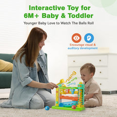 Zardali LED lights and music respond to ball drops for visual and auditory stimulation.
