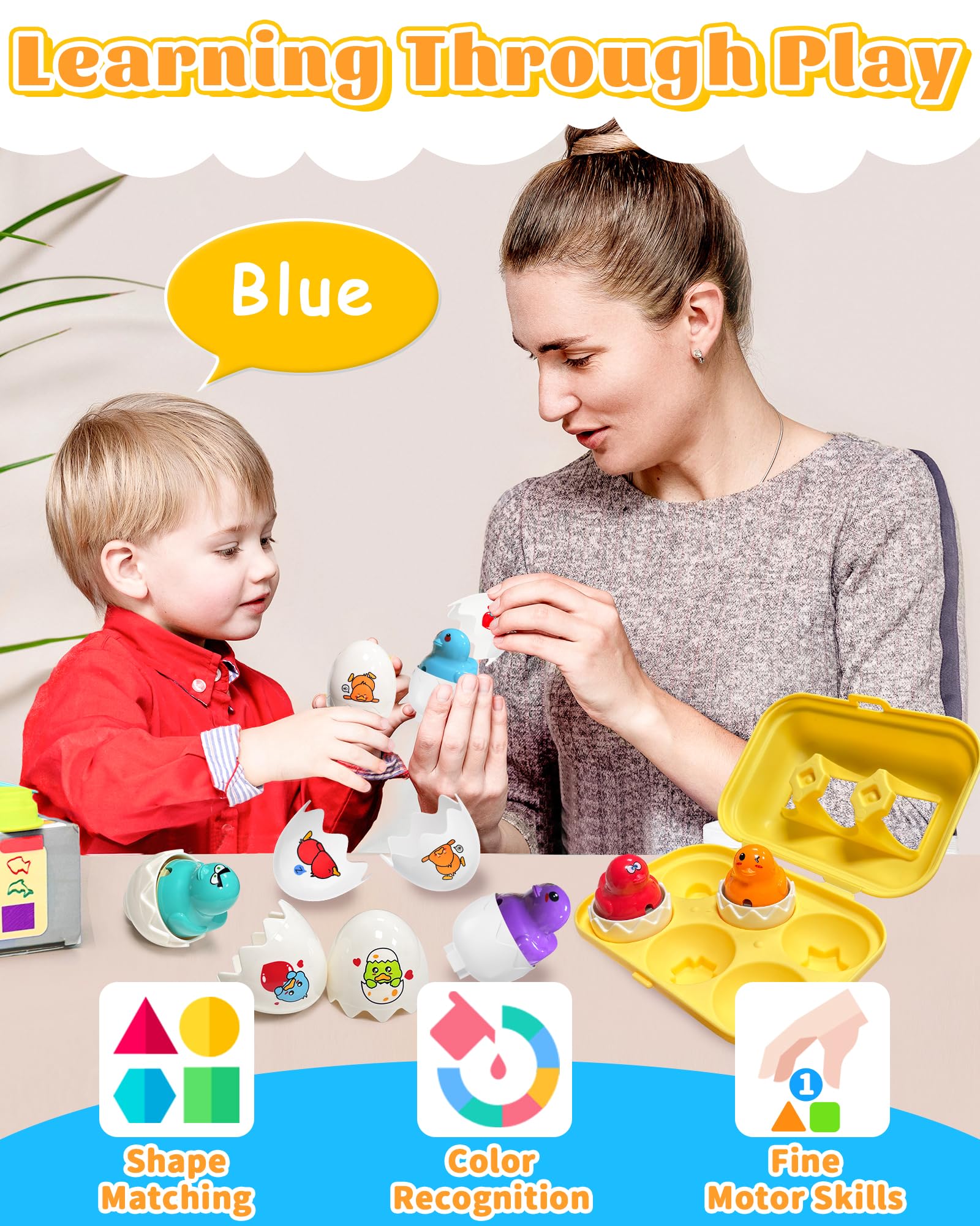 Zartores color matching eggs promote early recognition and coordinated hand movements during sorting.