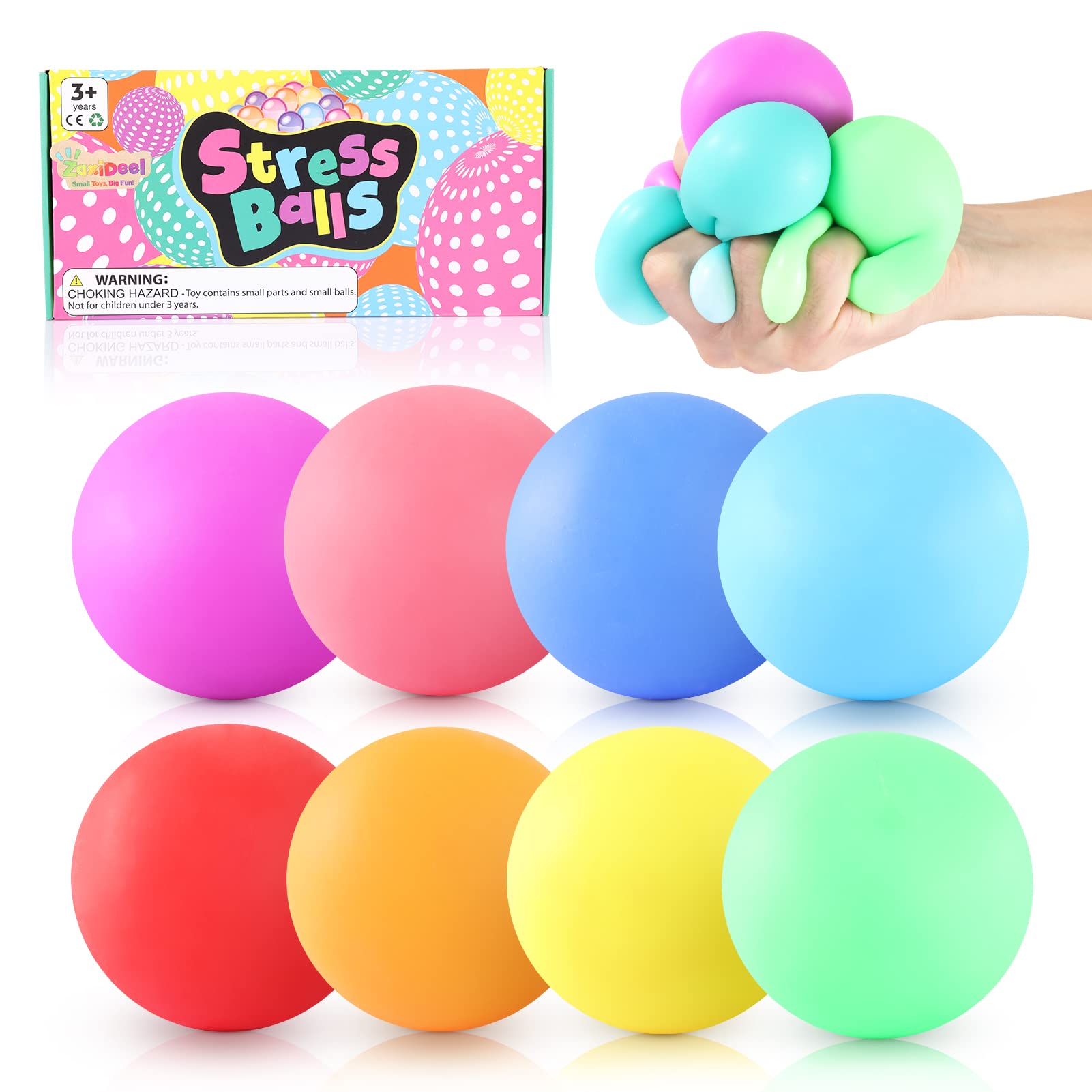 ZaxiDeel slow rising stress balls front view, eight-pack for sensory relief and focus.
