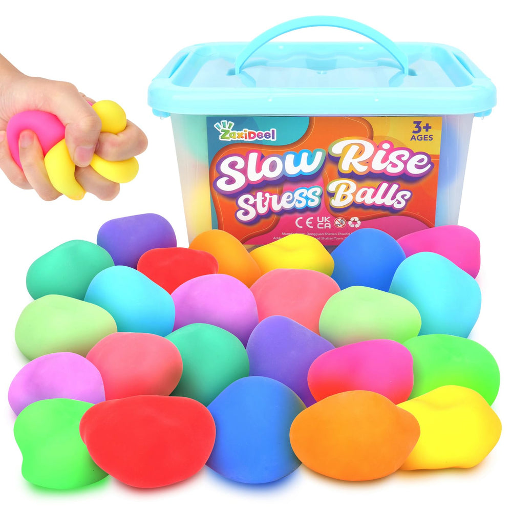 ZaxiDeel squishy stress ball collection shown in assorted colors for tactile relief.