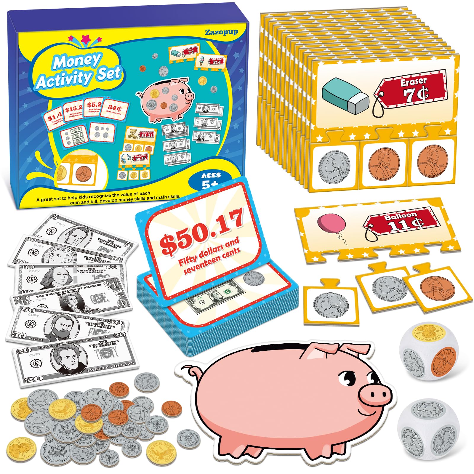 Zazopup money activity set coins for hands-on counting.