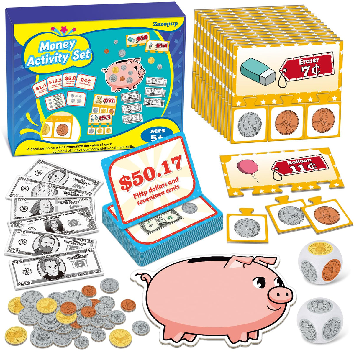 Zazopup money activity set coins for hands-on counting.