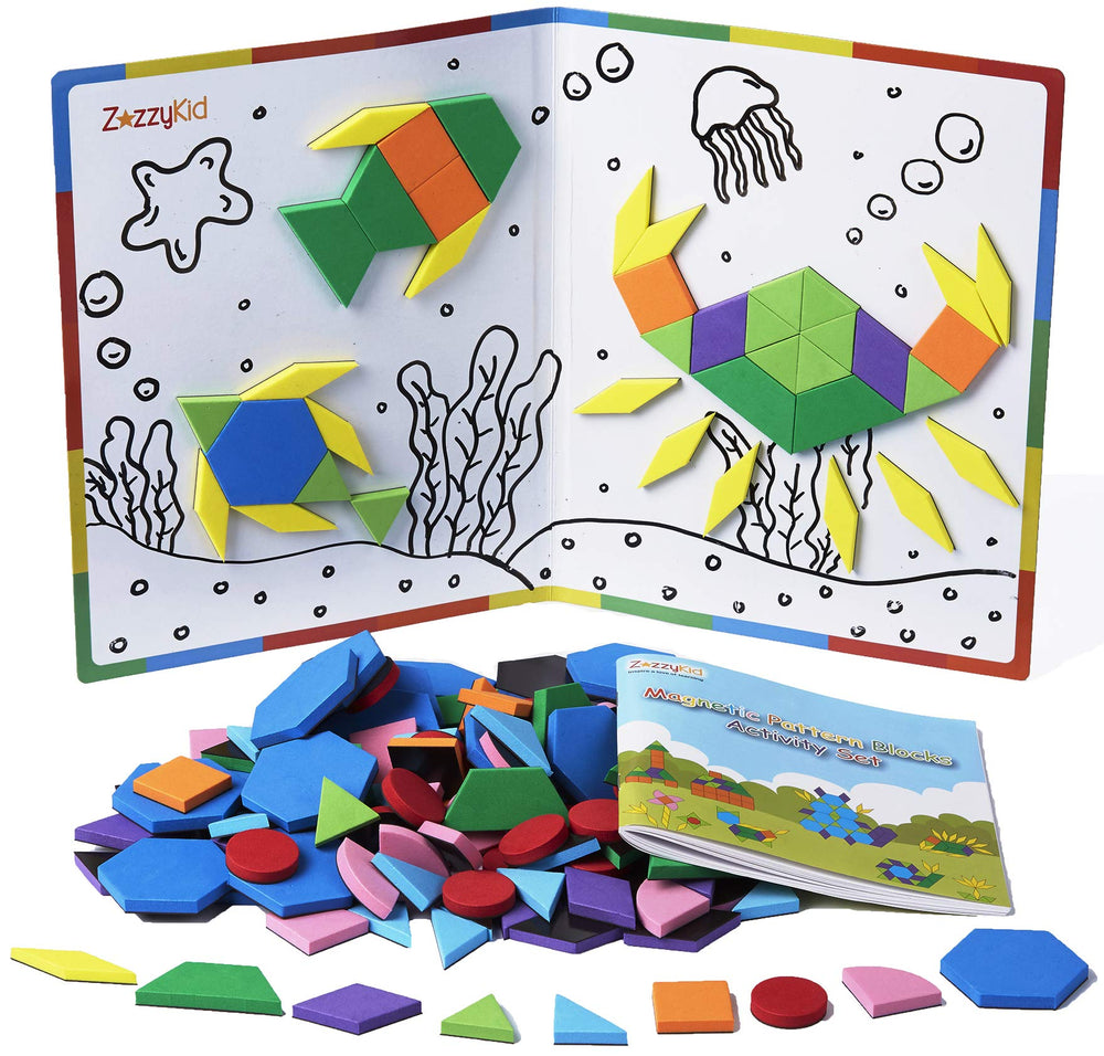 ZazzyKid magnetic pattern blocks on board for hands-on geometry exploration