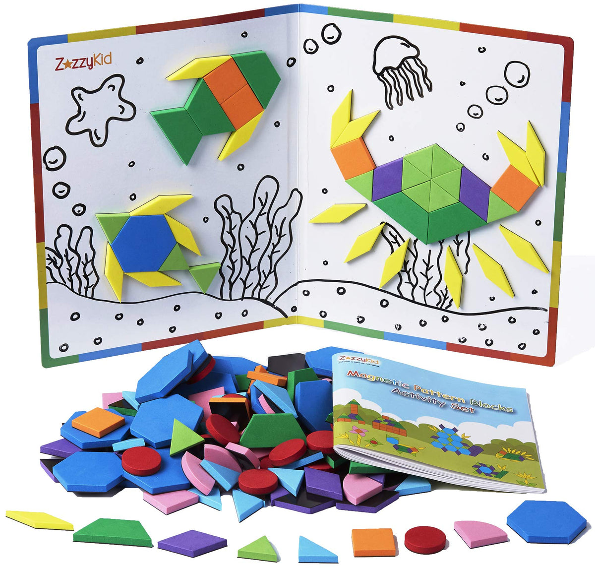 ZazzyKid magnetic pattern blocks on board for hands-on geometry exploration