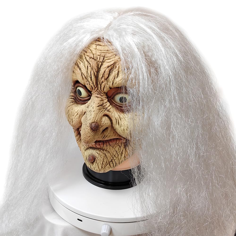 ZDOVLZZPON Old Lady Witch Mask with White Hair close-up shows wrinkled detail