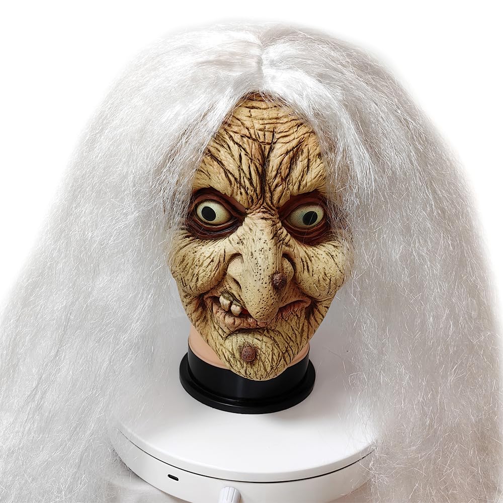 ZDOVLZZPON Old Lady Witch Mask with White Hair side profile for masquerade