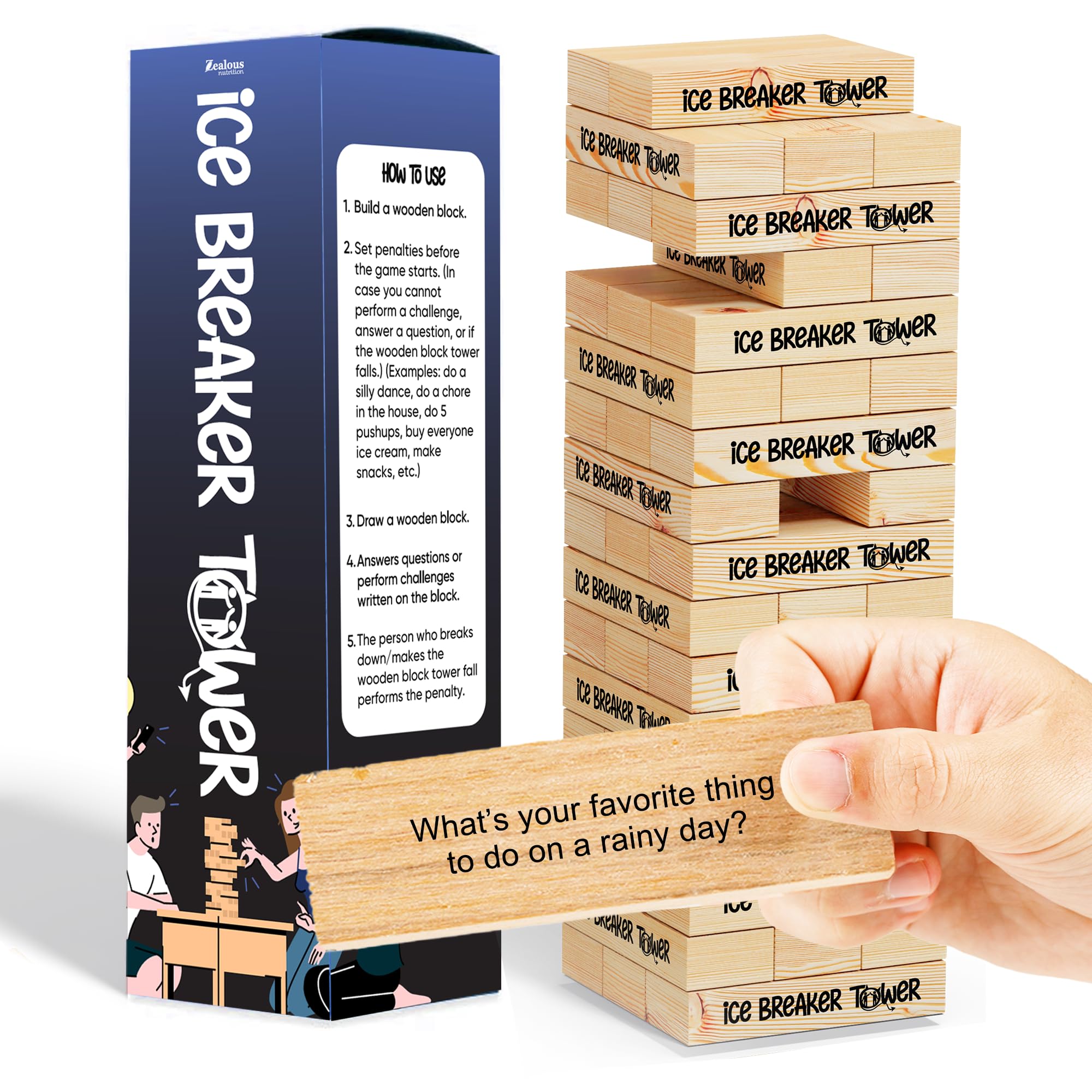 Zealous Nutrition Ice Breaker Tower classic hardwood blocks for durable family fun.