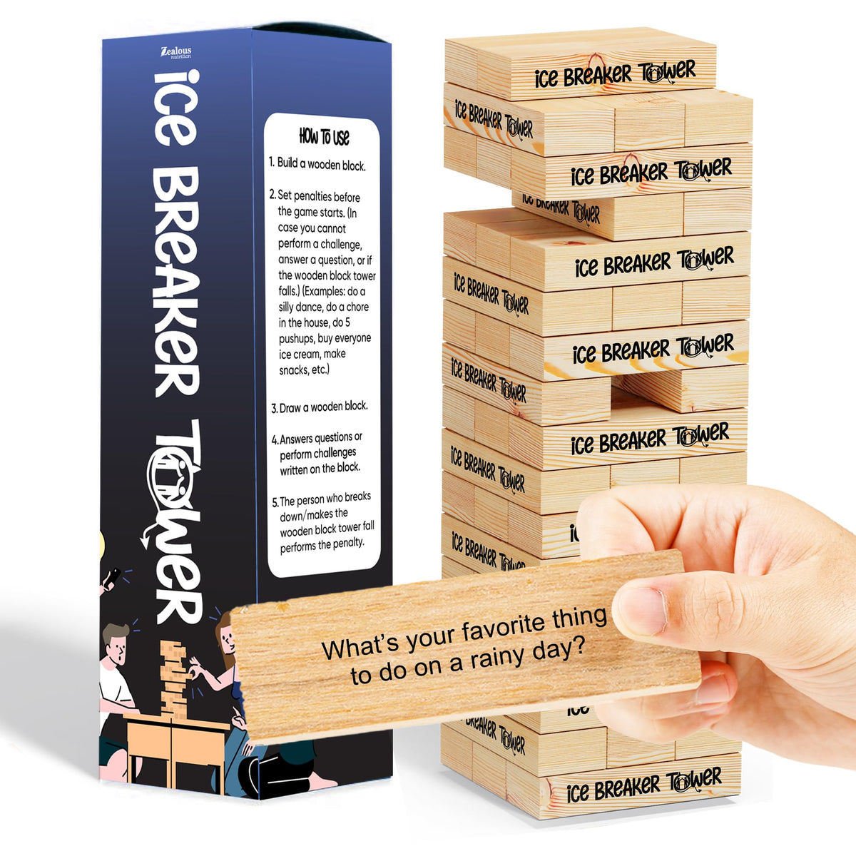 Zealous Nutrition Ice Breaker Tower classic hardwood blocks for durable family fun.