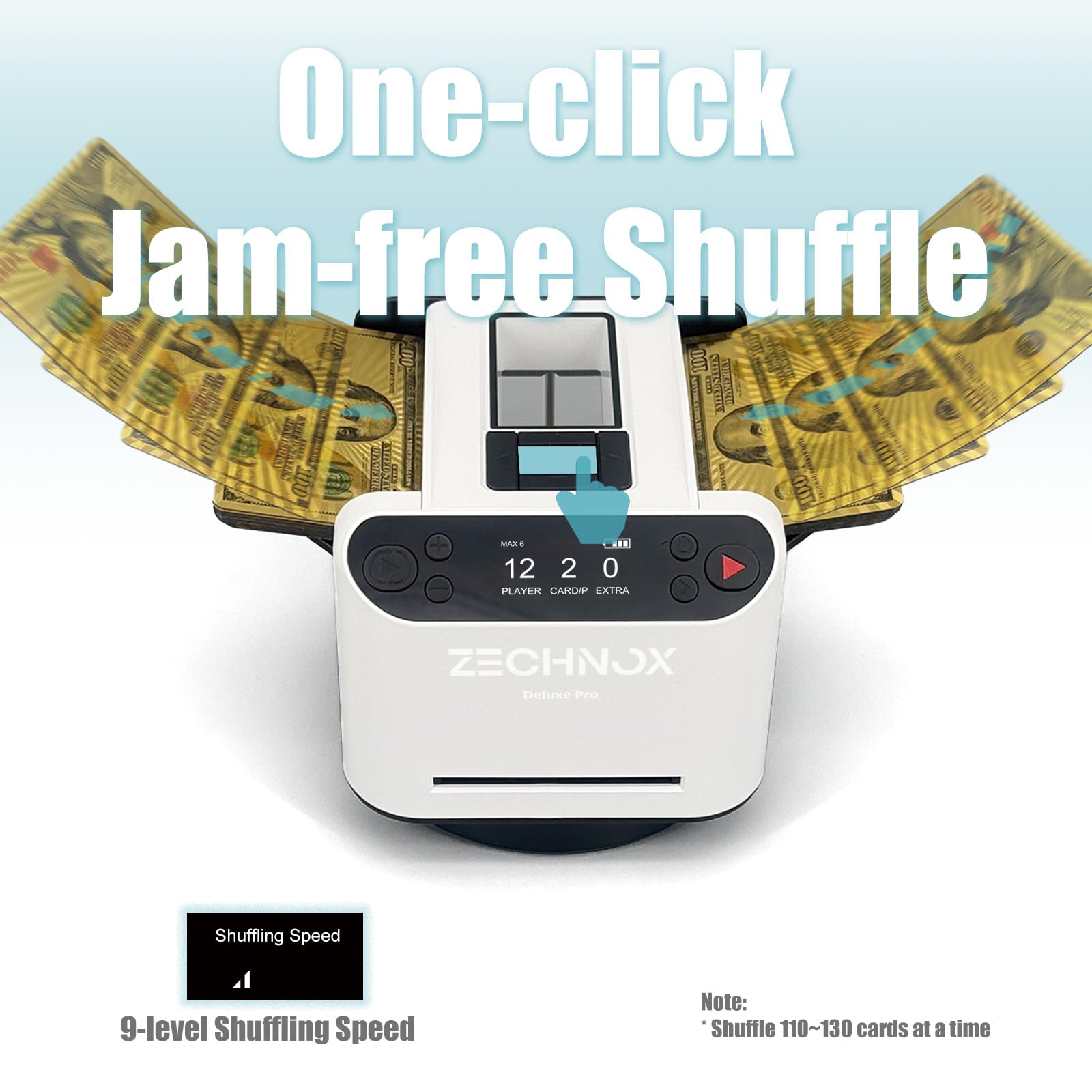 ZechnoX 2-in-1 smart shuffler top view showing compact design for game nights