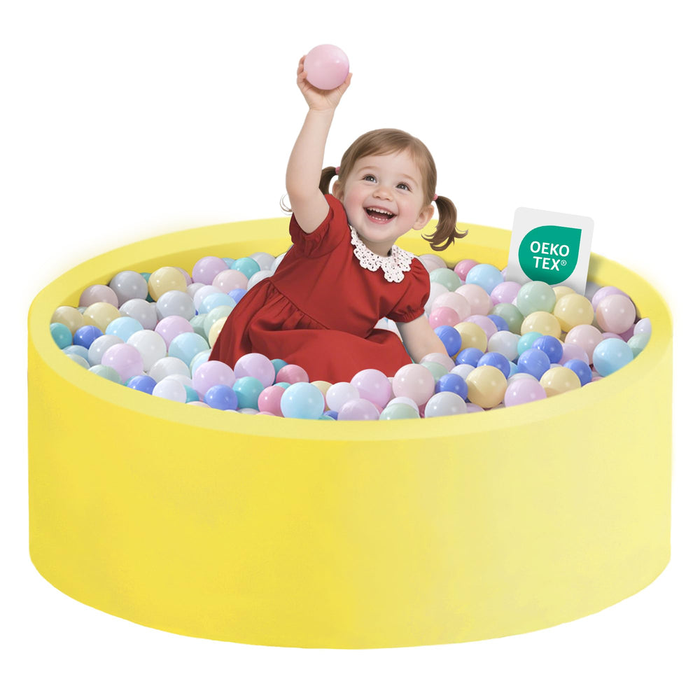 Zedachica ball pit for toddlers in yellow cover, a soft, safe play space.
