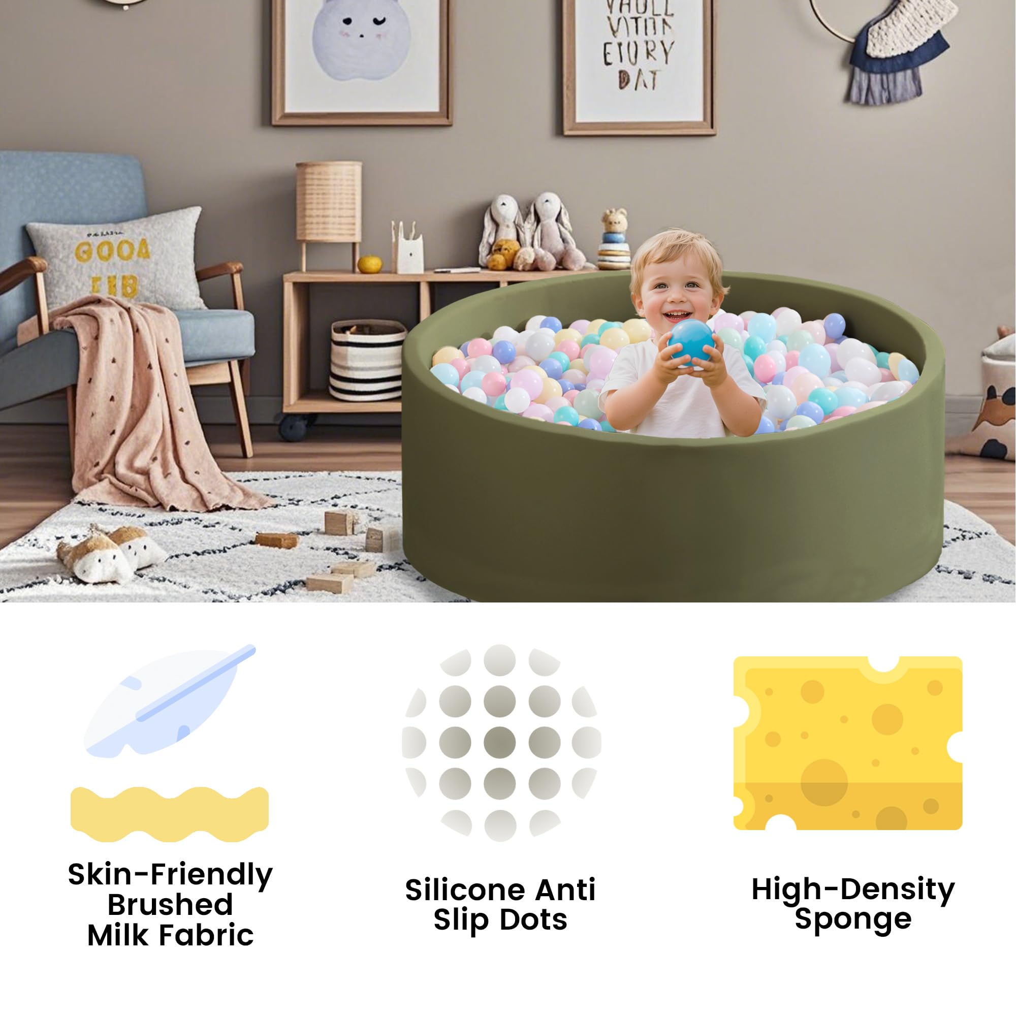 Machine-washable cover on the Zedachica Sagegreen ball pit