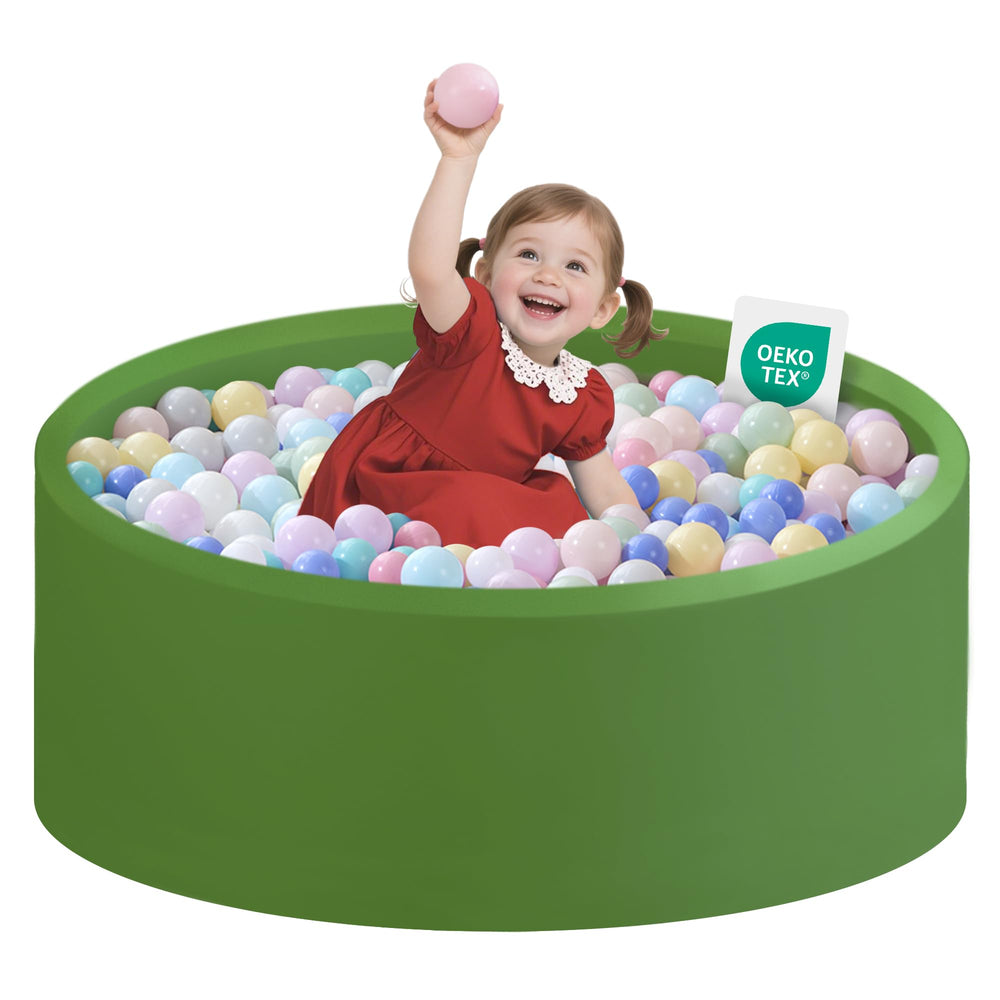 Zedachica ball pit close-up of green foam interior for safe toddler play.