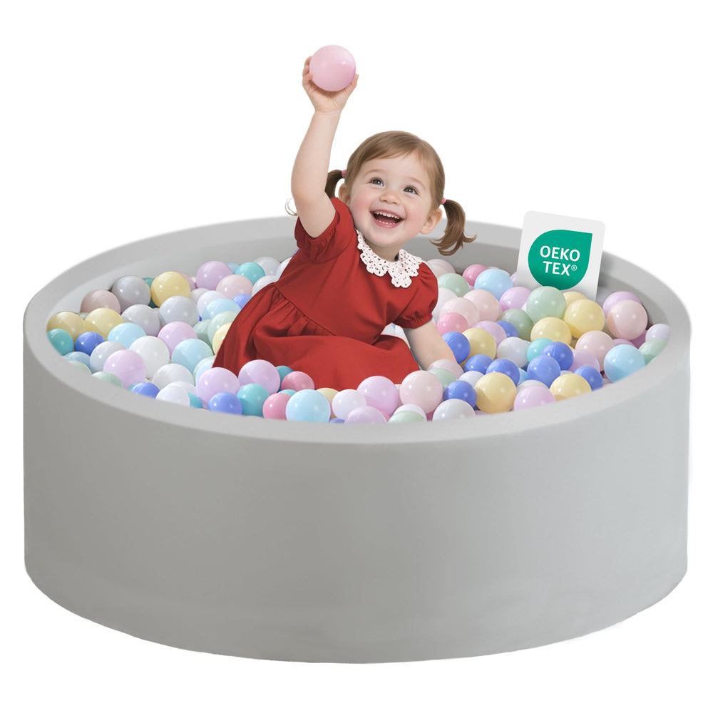 Zedachica ball pit for toddlers, outer gray view for safe indoor play.