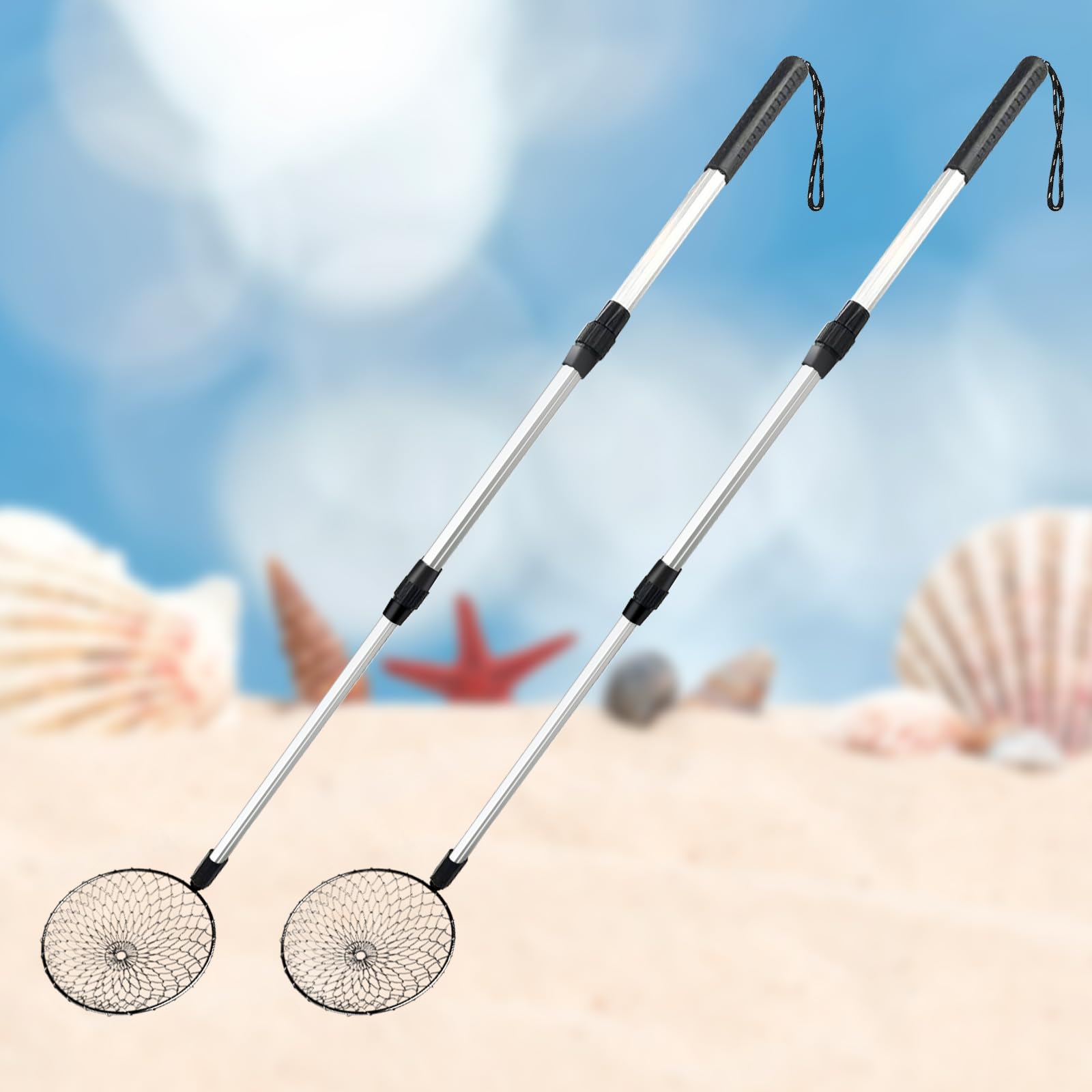 Zeeloopbee sand sifter with long handle enables easy beach treasure collection without bending.
