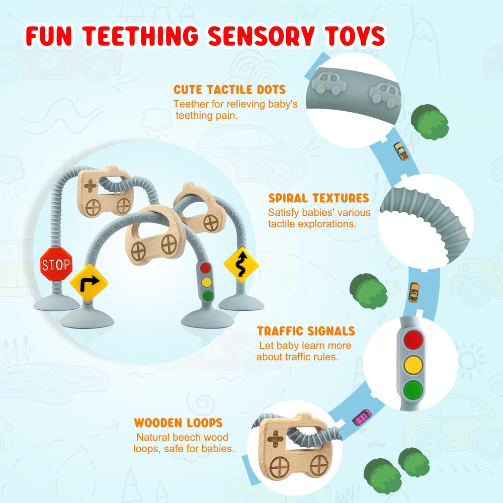 Zeeloopbee sensory textures with arrows and car points engage gums and exploration.