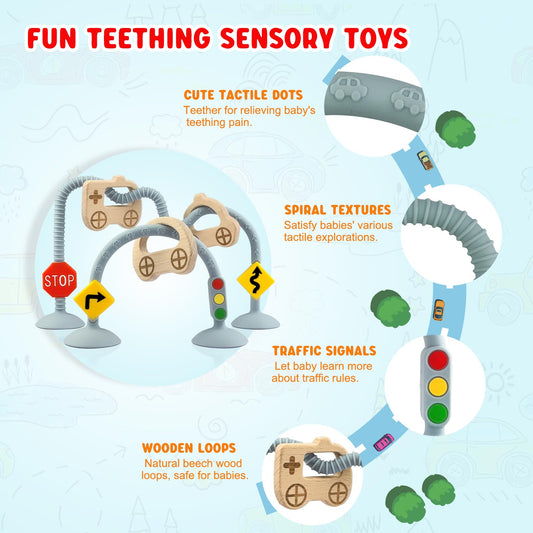 Zeeloopbee sensory textures with arrows and car points engage gums and exploration.