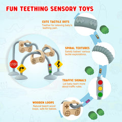 Zeeloopbee sensory textures with arrows and car points engage gums and exploration.