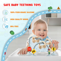 Zeeloopbee silicone chew toy with wood rings supports tactile exploration on the go.