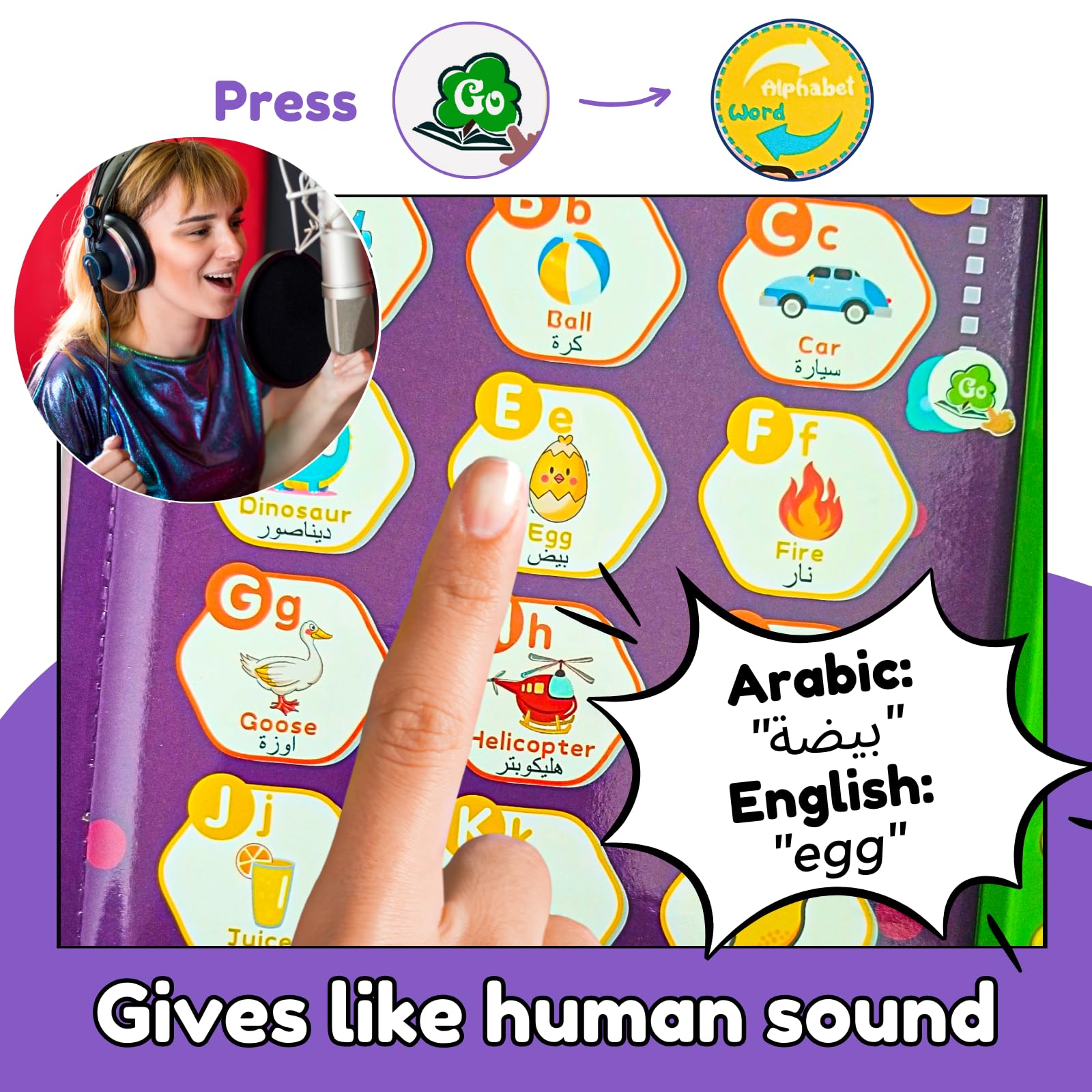 Erasable activity pages with marker pen enable endless Arabic-English practice.