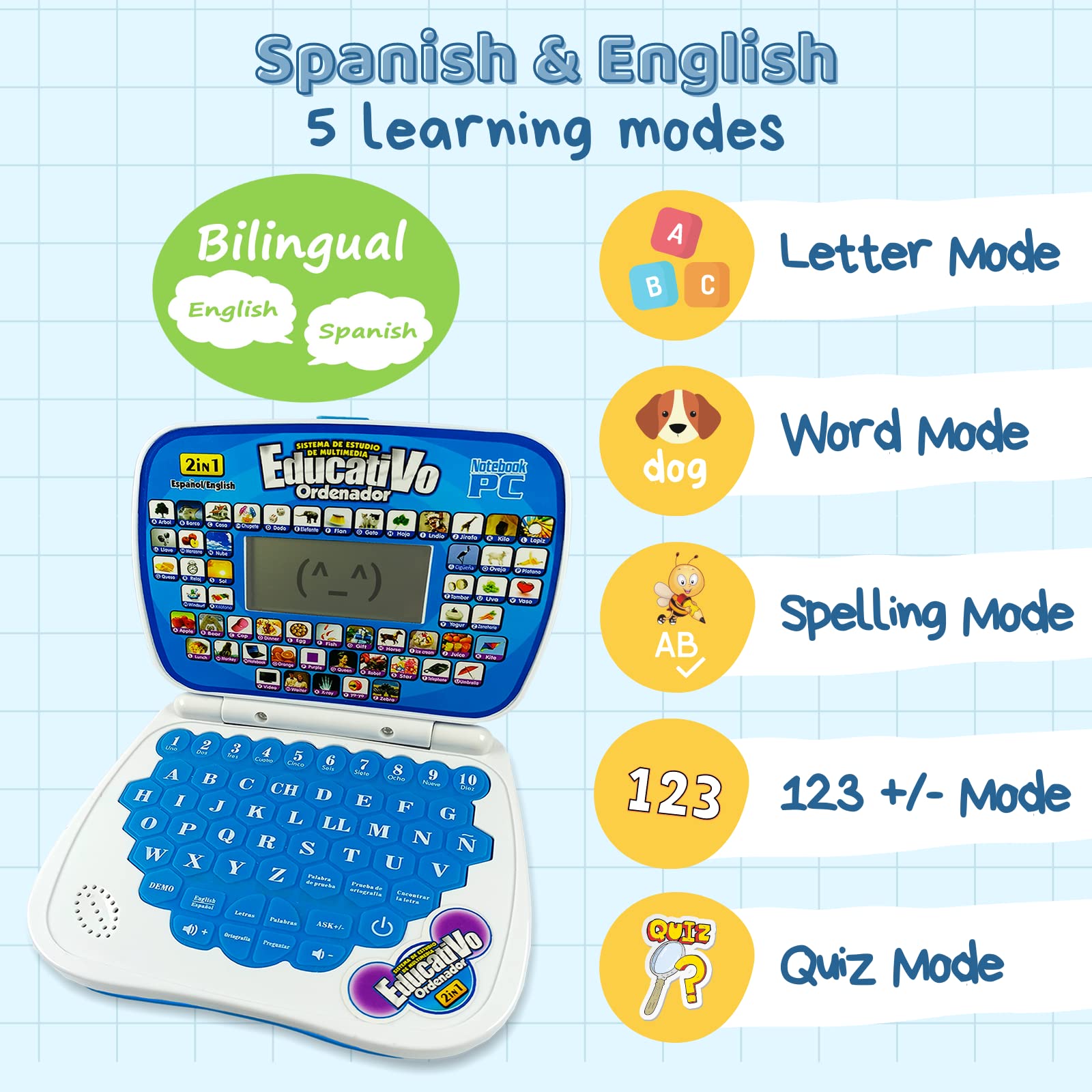 ZeenKind learning modes display highlights six modes for words, alphabet, numbers, and math